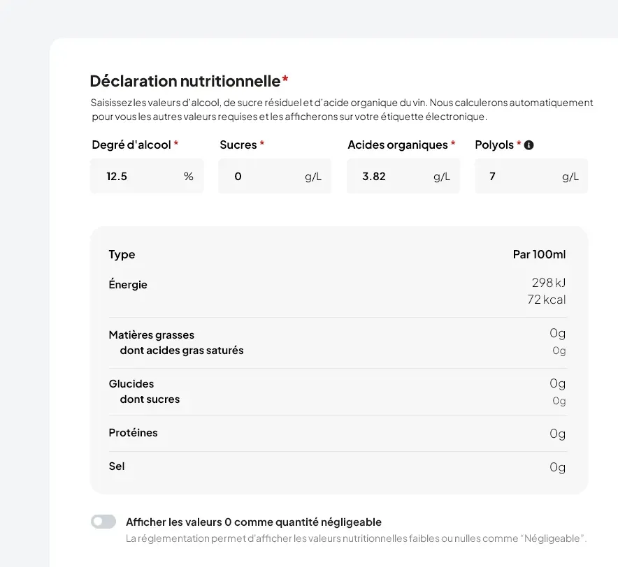 calcul déclaration nutritionnelle étiquette vin